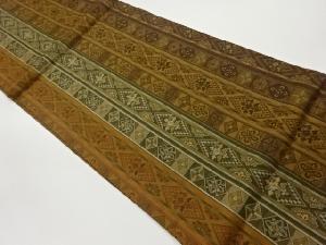 縞に華文・幾何学模様織出し開き名古屋帯（額縁仕立て）